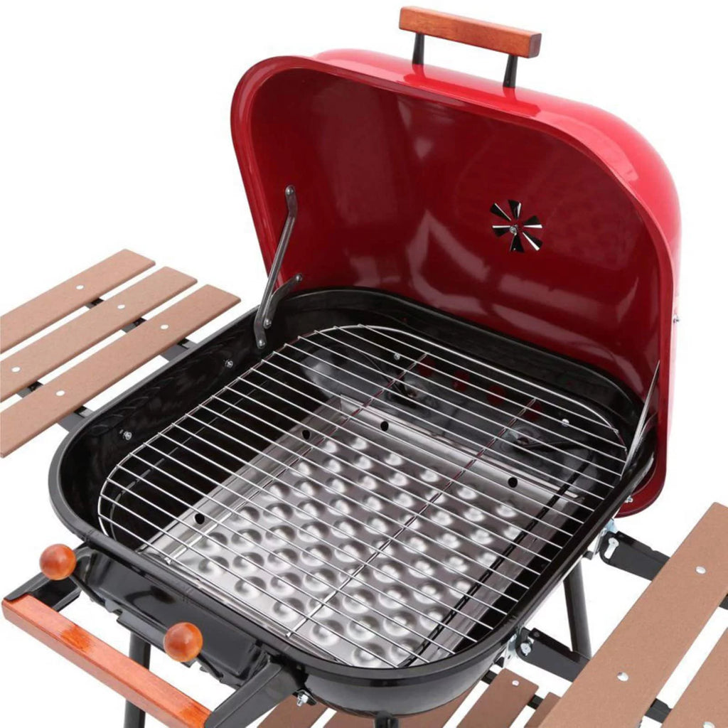Charcoal BBQ Steel Grill with Adjustable Cooking Grate and Side Table O432