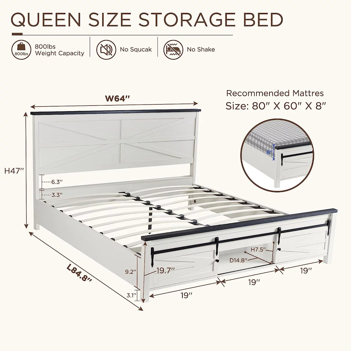 Black Queen Size Platform Bed Frame with Headboard and Storage E548688