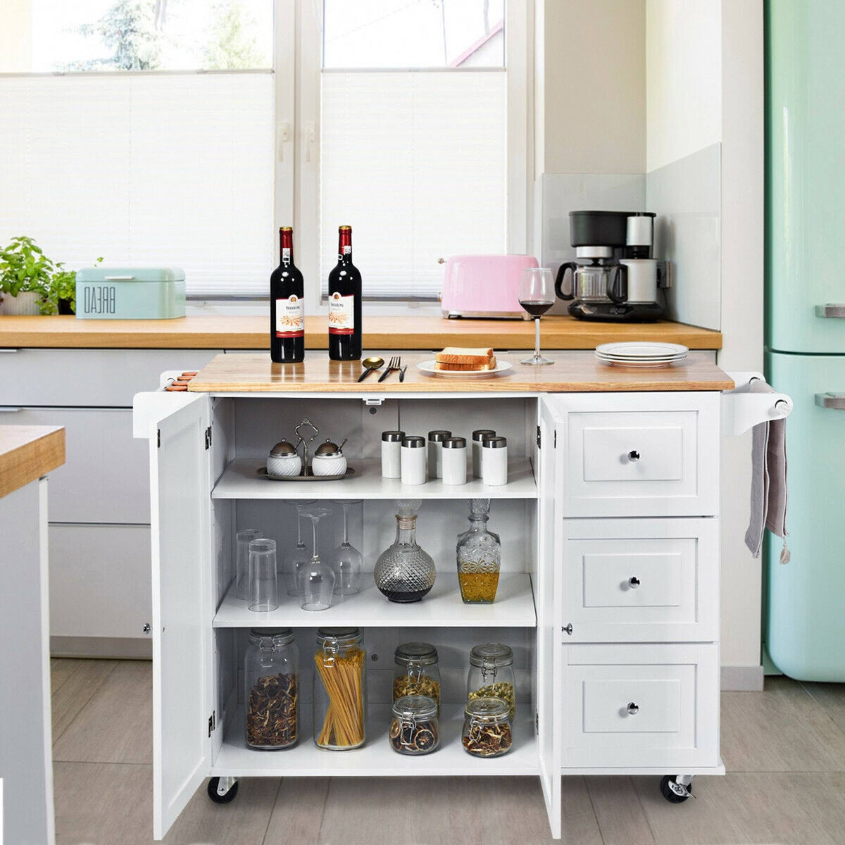 White Drop-Leaf Kitchen Cart S144581
