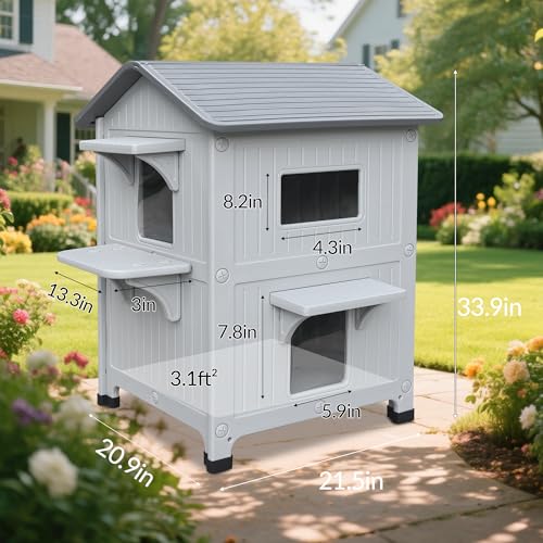 Grey Plastic 2 Story Elevated Cat Shelter with Escape Door M754