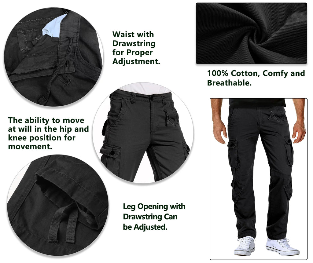 Black 8 Pockets Cotton Cargo Work Pants P7564