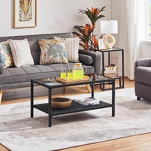 Black Wicker Storage Coffee Table with Tempered Glass Top B9855