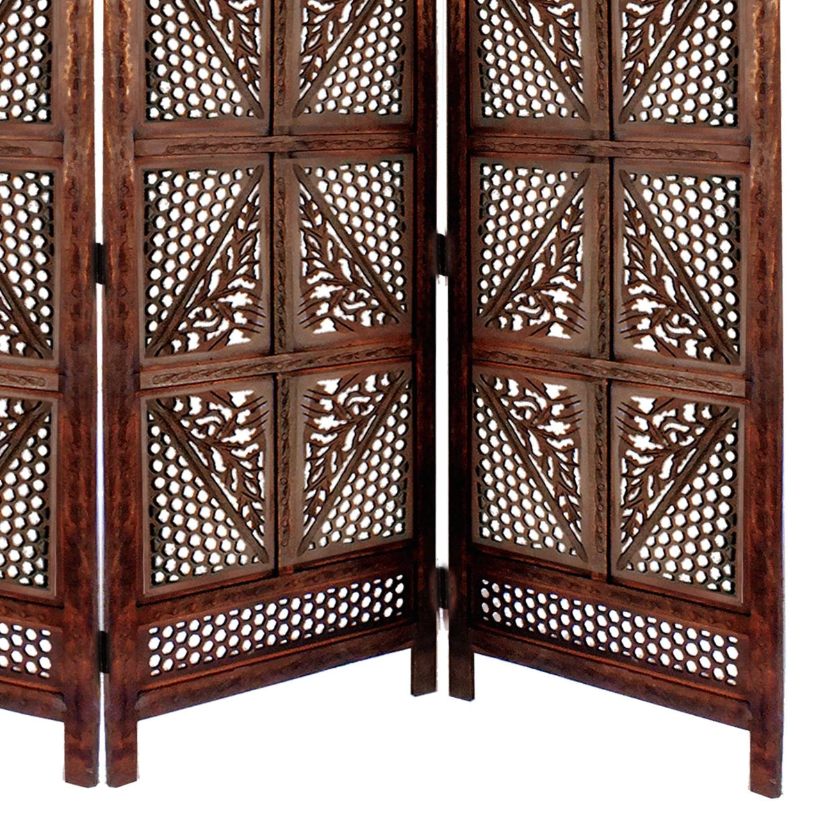 Antique Brown Four Panel Wooden Room Divider X816
