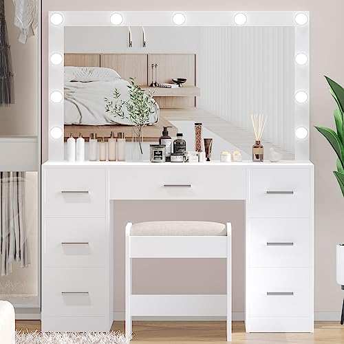 White Vanity Desk with Lighted Mirror and Drawers U287856