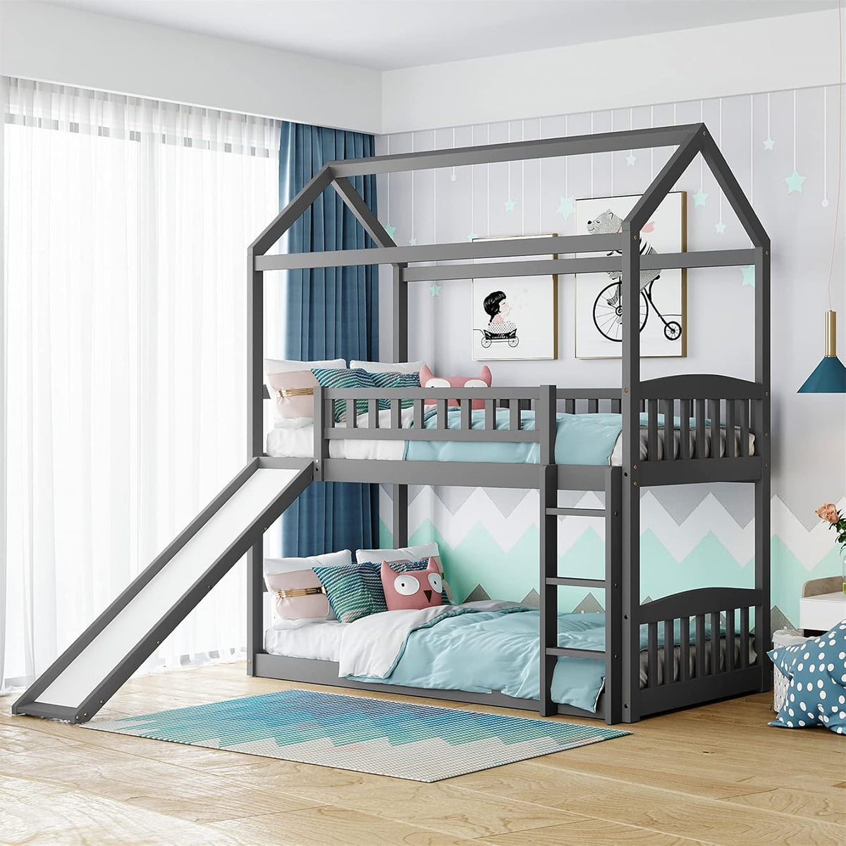 White Twin Over Twin Wood Bunk Bed with Slide and Storage Staircase O739965