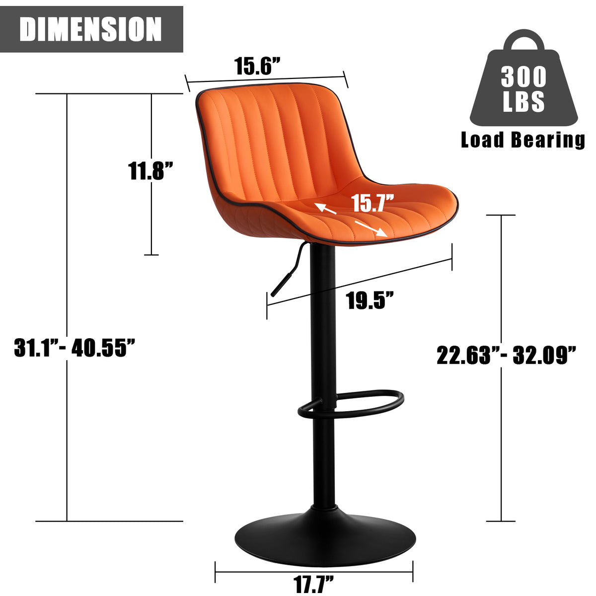 Orange PU Leather Adjustable Swivel Bar Stools Set of 2 D707