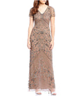 Taupe Petite V-Neck Beaded Gown V718843