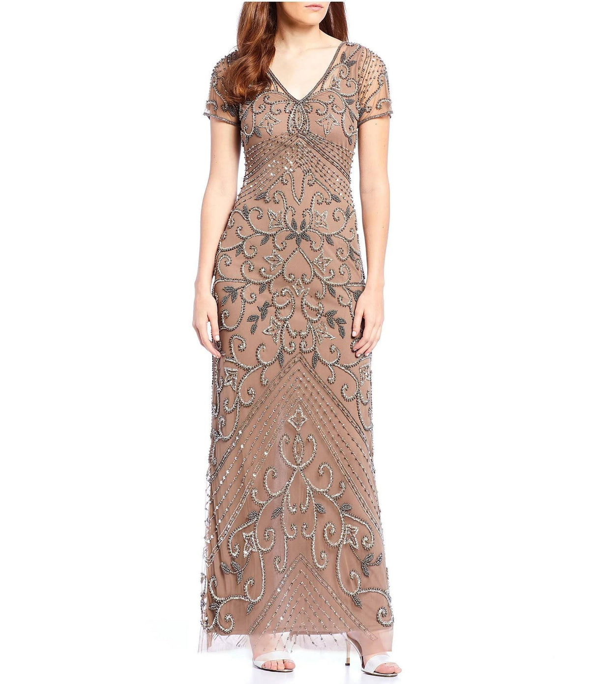 Taupe Petite V-Neck Beaded Gown V718843