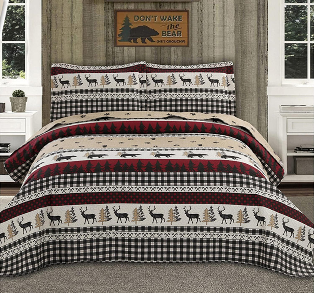 Full/Queen Size Plaid Quilt Set Black White Patchwork Bedspread L61845
