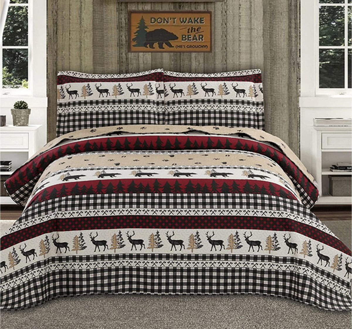 Full/Queen Size Plaid Quilt Set Black White Patchwork Bedspread L61845