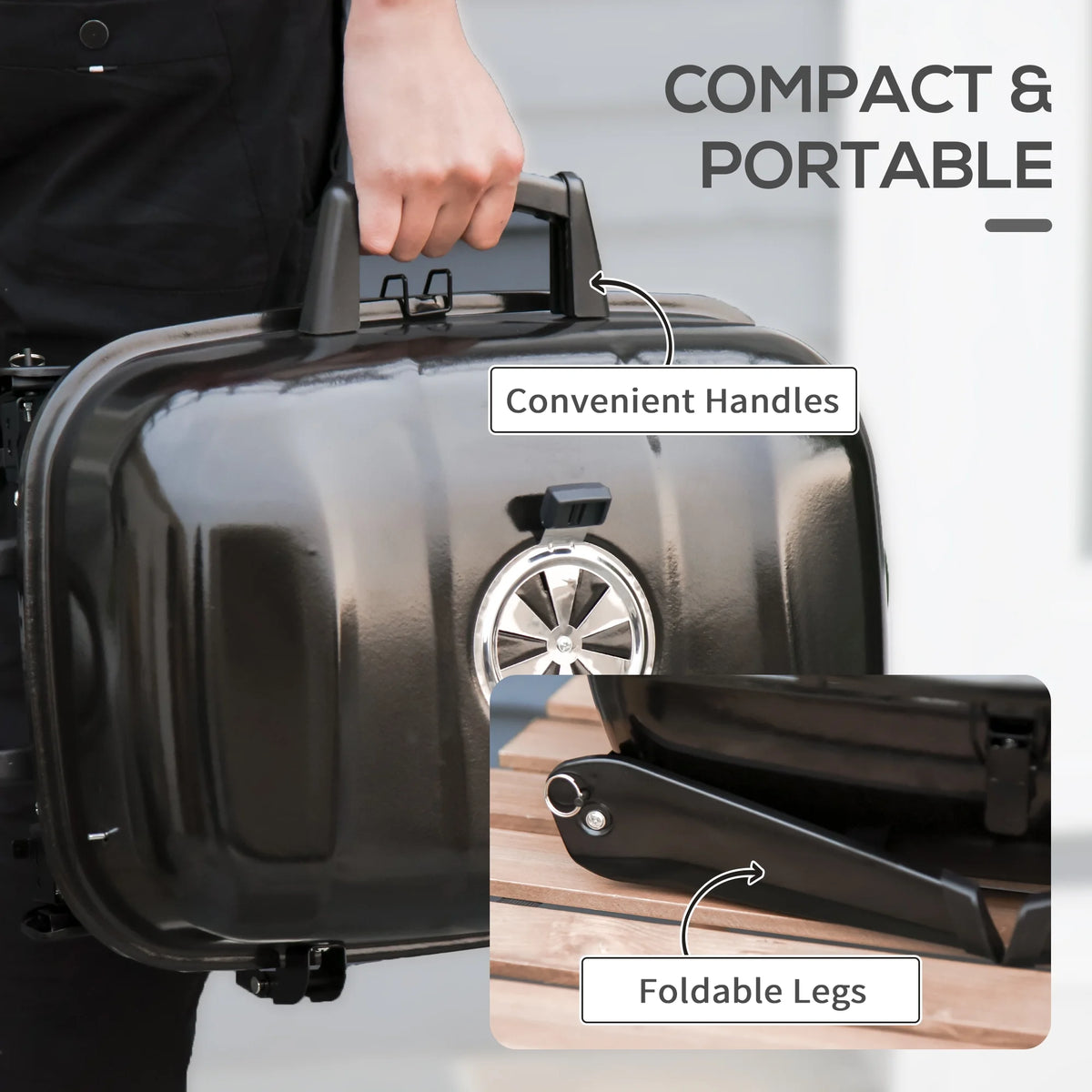Portable Charcoal Grill, Tabletop Small BBQ Grill, Enamel Coated, Folding Legs, Black R65452