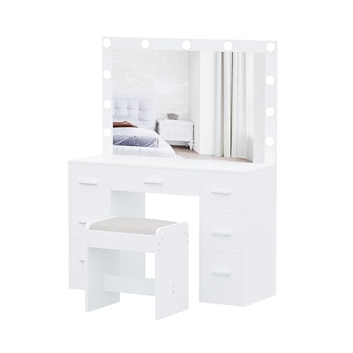 White Vanity Desk with Lighted Mirror and Drawers U287856