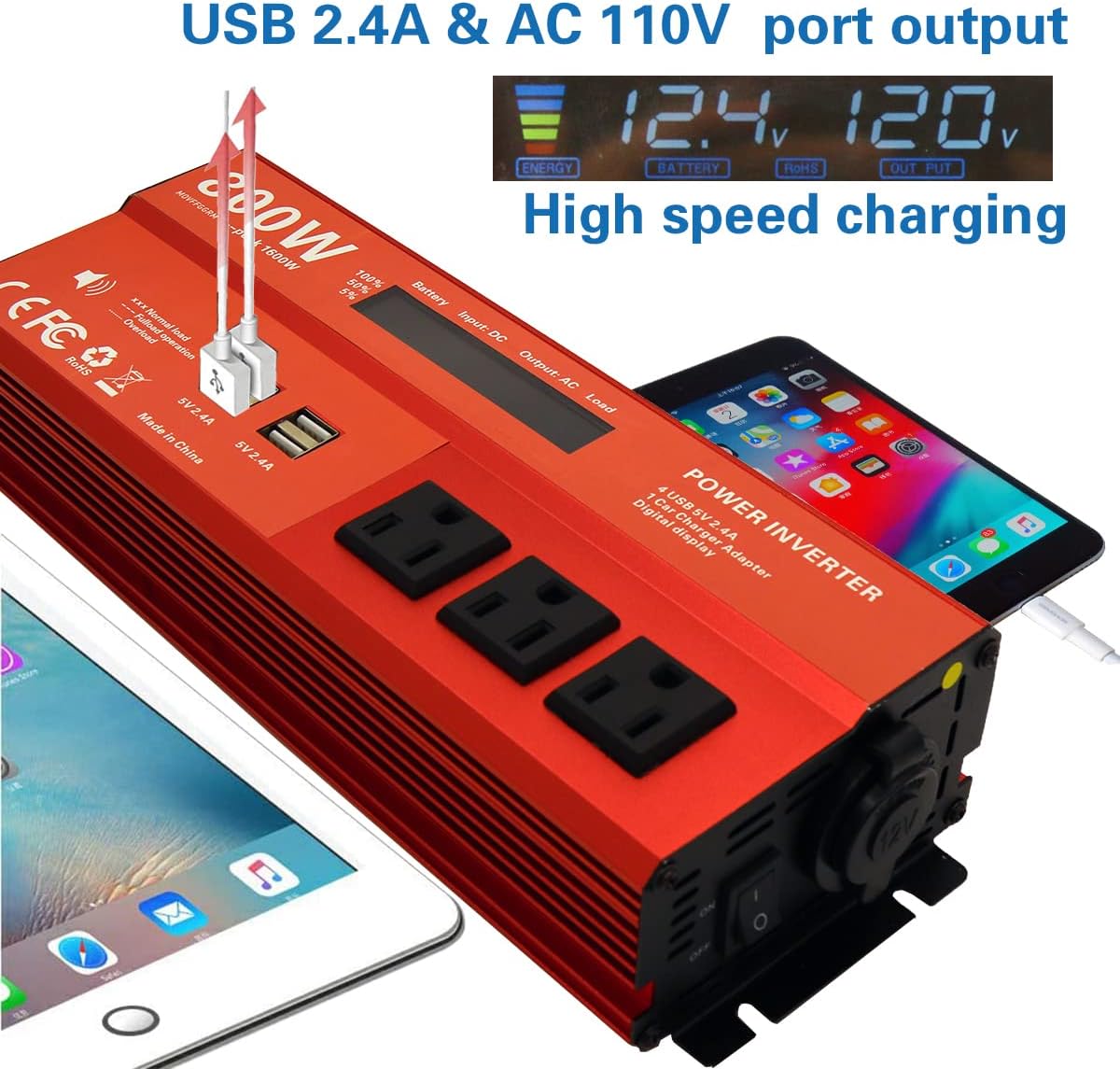 800W Modified Sine Wave Power Inverter, 12V DC to 110V AC, 4 USB Ports C176