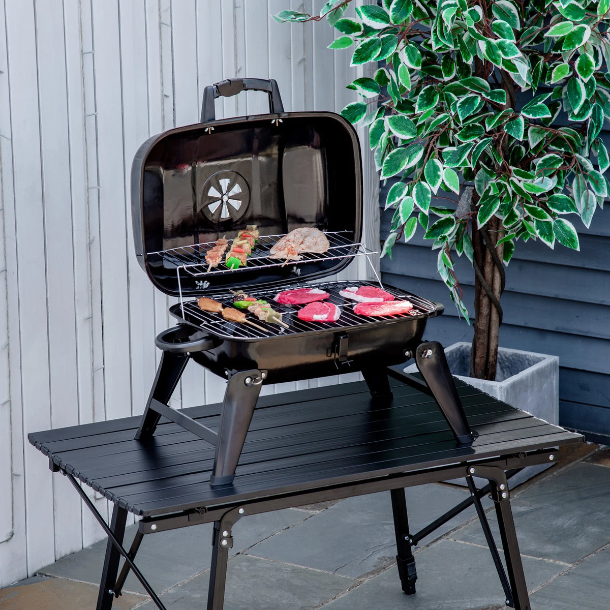 Portable Charcoal Grill, Tabletop Small BBQ Grill, Enamel Coated, Folding Legs, Black R65452