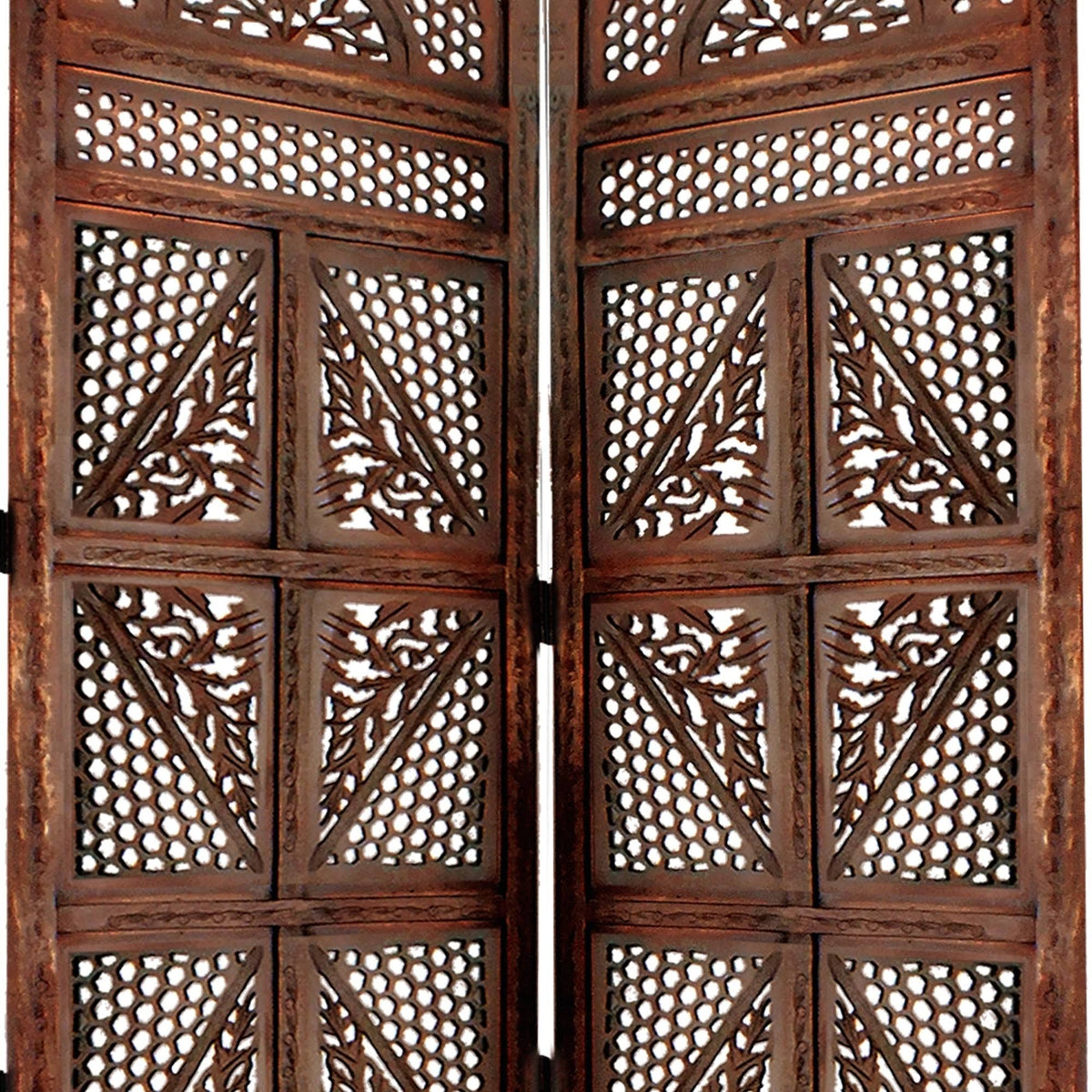 Antique Brown Four Panel Wooden Room Divider X816
