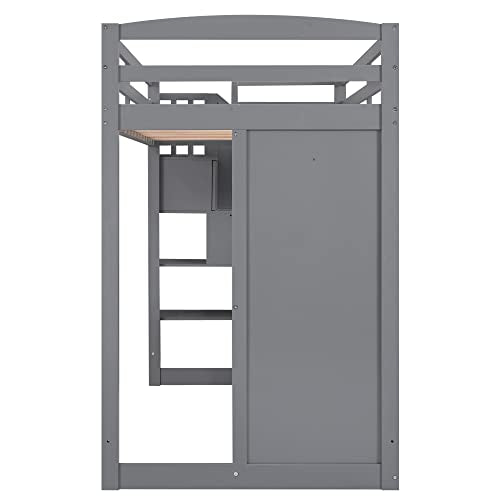Twin Size Solid Wood Loft Bed with Desk and Stairs J122624