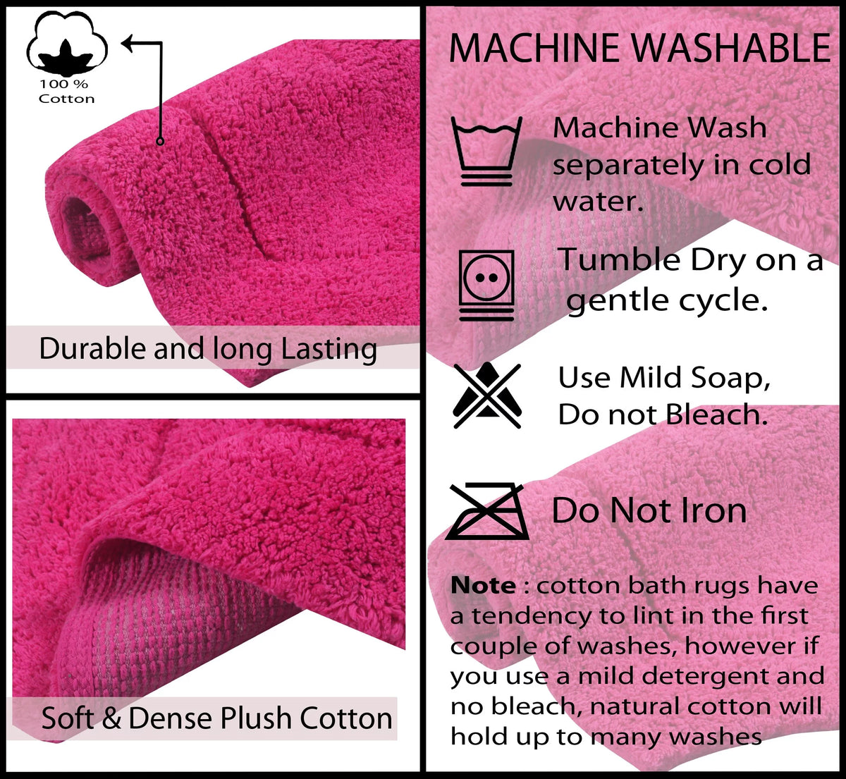 100% Cotton Tufted Bath Rug, 24"x40" Rectangle, Hot Pink C914