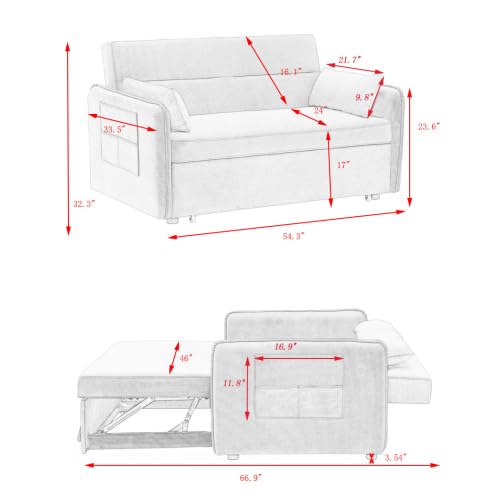 Gray Velvet Convertible Sofa Bed with Pull-Out Bed and Two Pillows F342