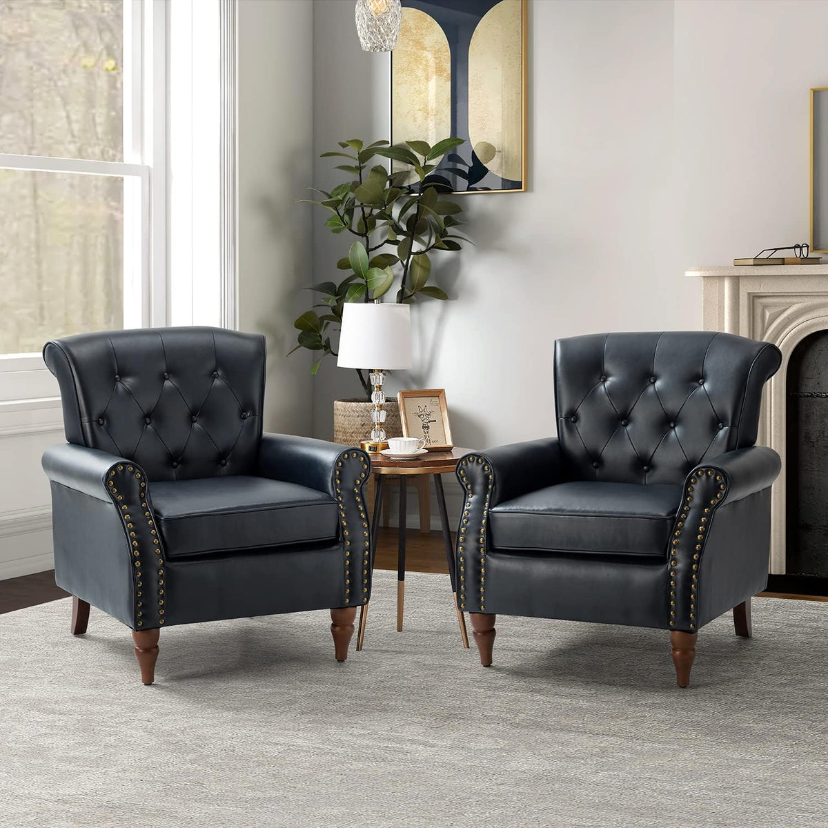 Navy Faux Leather Accent Chair Set Of 2 with Solid Wood Legs M6447