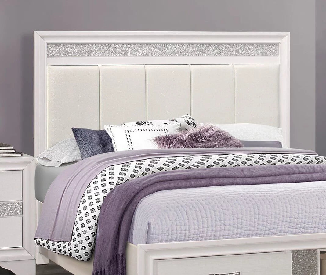White Glitter 4pc Queen Bedroom Set Platform Bed Dresser Nightstand Mirror U9549
