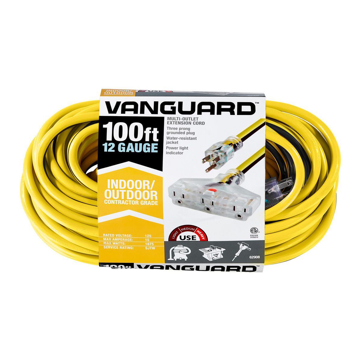 100 ft. 12/3 Gauge Multiple Outlet Extension Cord with Indicator Light, Yellow, Black H530