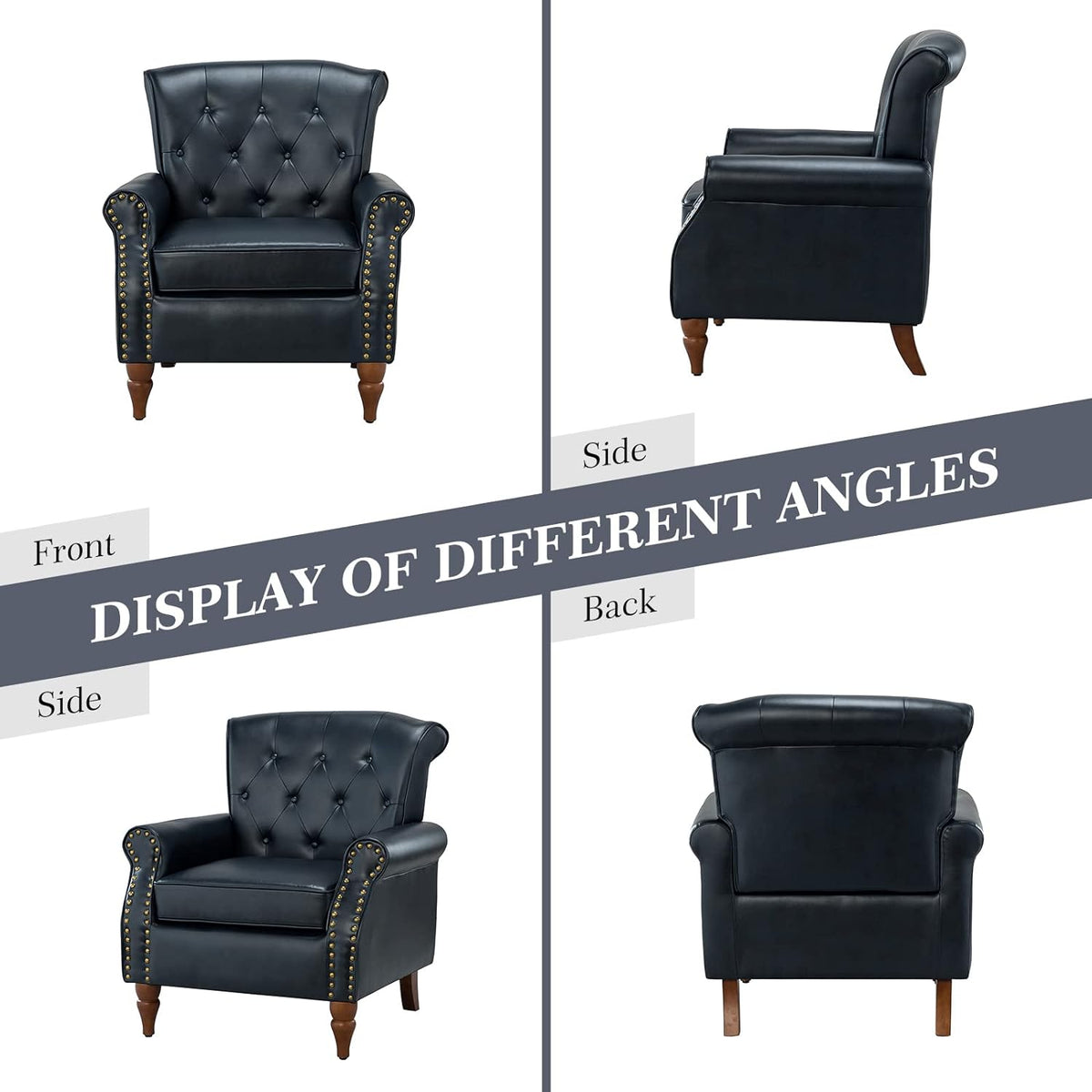 Navy Faux Leather Accent Chair Set Of 2 with Solid Wood Legs M6447