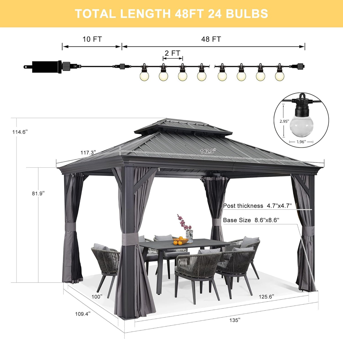 Grey 10' x 12' Hardtop Galvanized Steel Double Roof Gazebo D7756