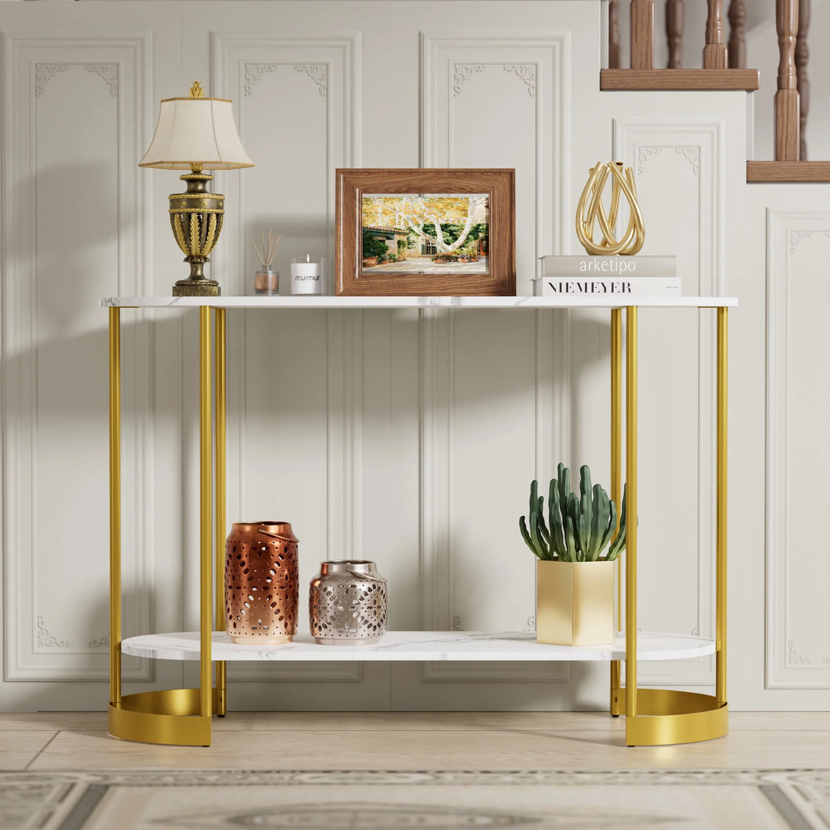 White Marble Pattern 2-Tier Console Table P939