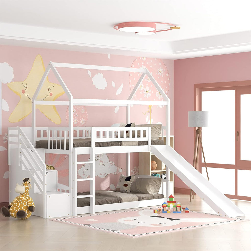 White Twin Over Twin Wood Bunk Bed with Slide and Storage Staircase O739965