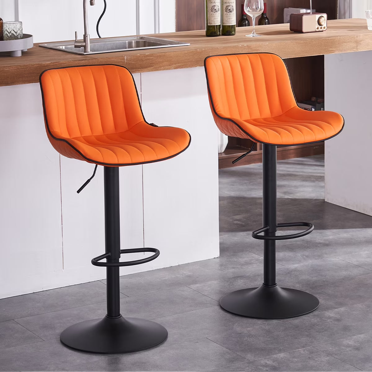 Orange PU Leather Adjustable Swivel Bar Stools Set of 2 D707