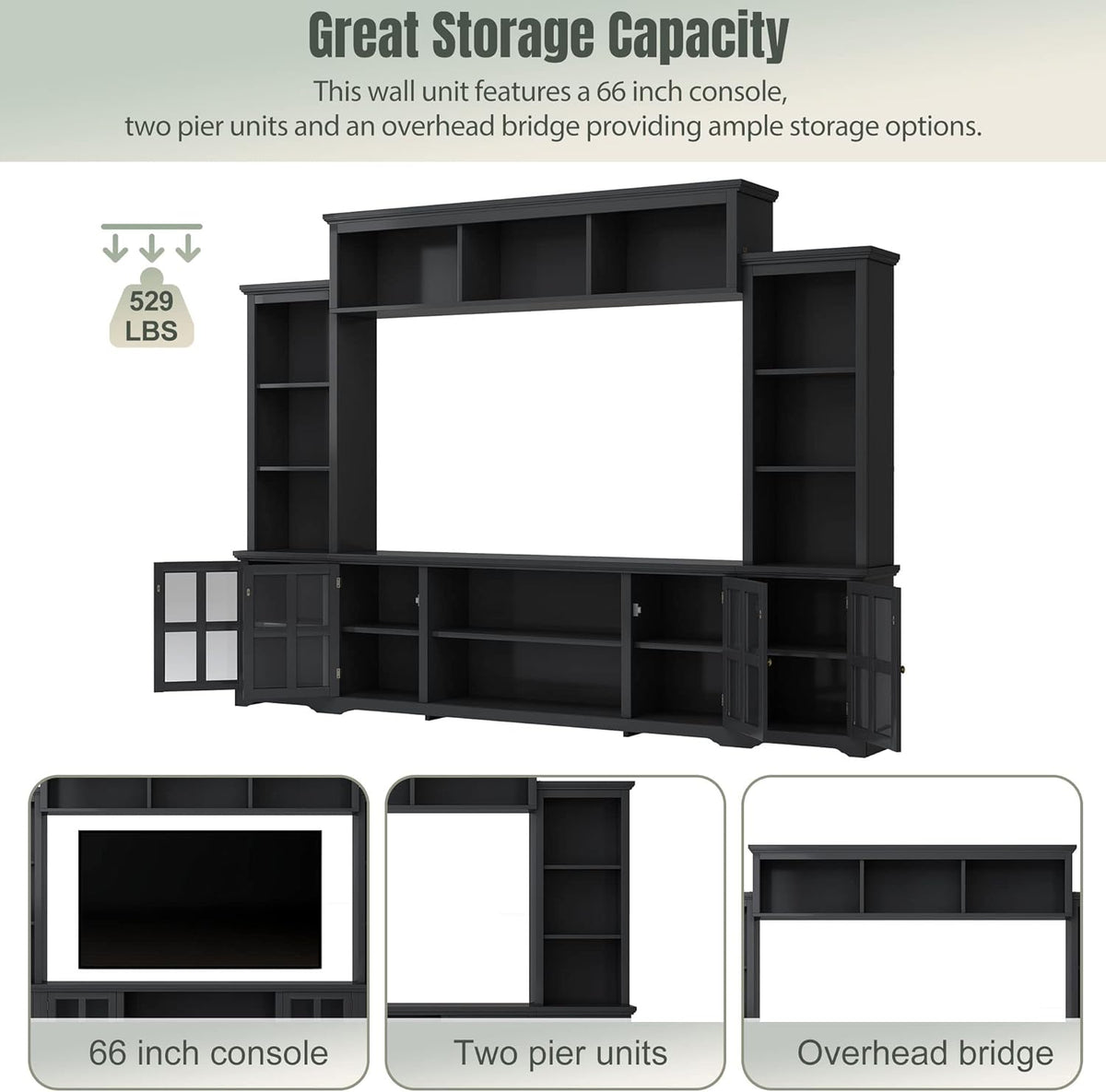 Black Entertainment Wall Unit with Glass Doors & Shelves V373317