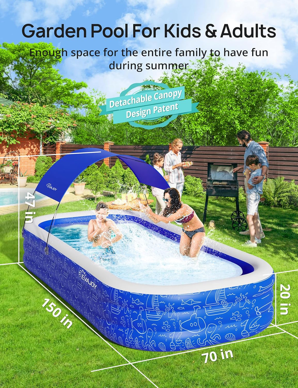 Blue Inflatable Pool with Canopy, 150” x 70” x 20” A71852