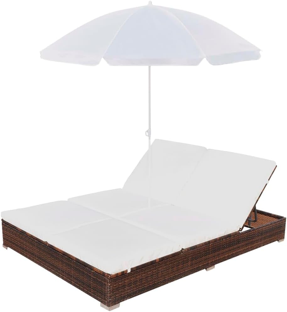 Brown Poly Rattan 2-Person Sun Lounger with Cushion and Umbrella N4031