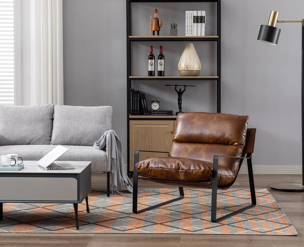 Brown Faux Leather Upholstered Accent Armchair with Metal Base U18809