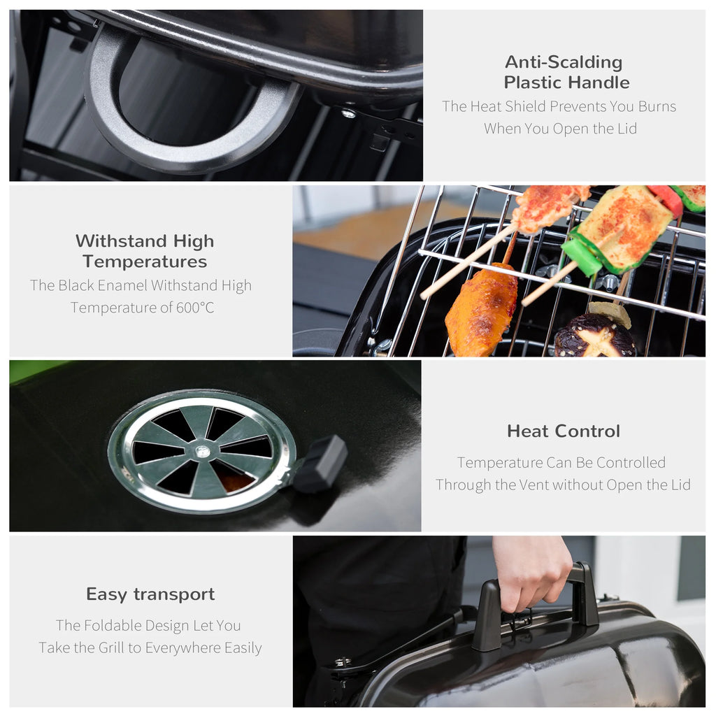 Portable Charcoal Grill, Tabletop Small BBQ Grill, Enamel Coated, Folding Legs, Black R65452