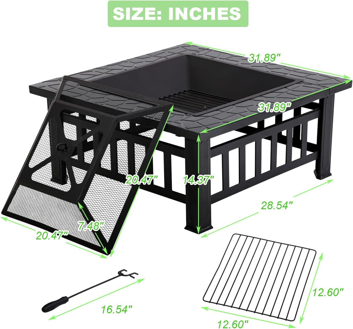 Black Square Wood Burning Fire Pit Table J446
