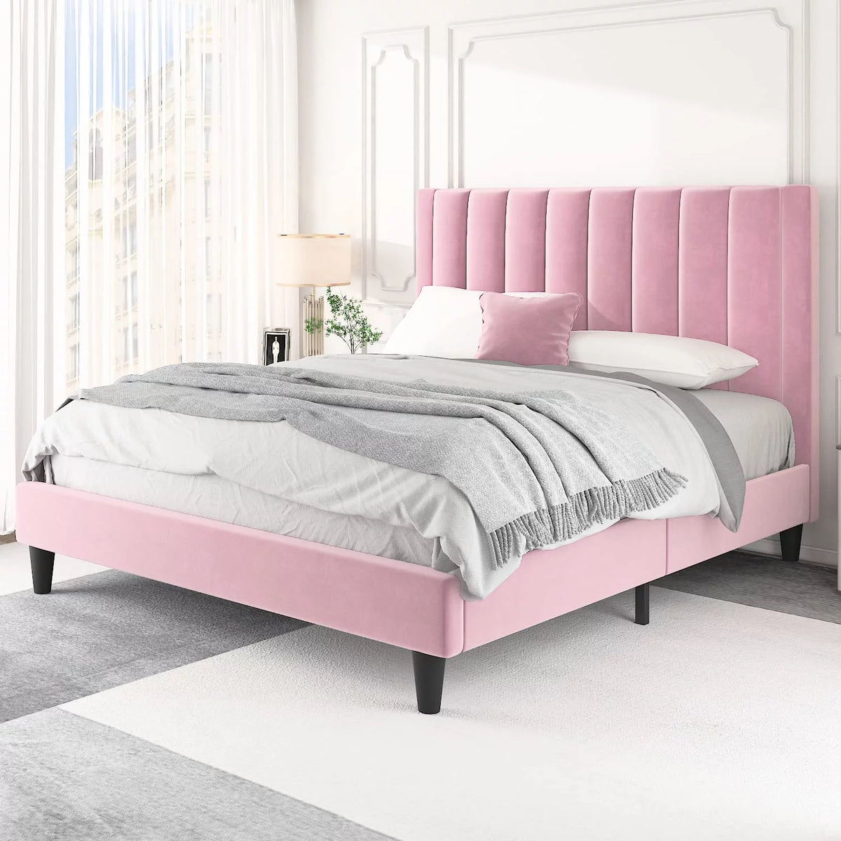 Full Size Platform Bed Frame with Velvet Headboard C393399