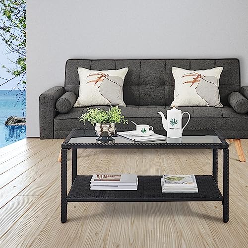 Black Wicker Storage Coffee Table with Tempered Glass Top B9855