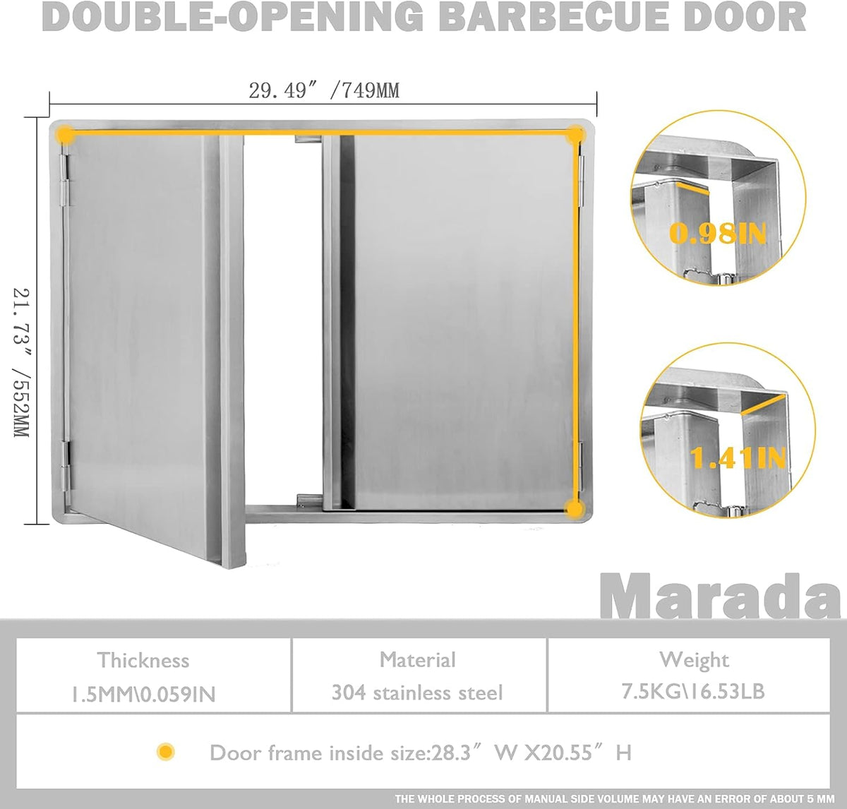 29.5W x 22H Inch Stainless Steel Outdoor Kitchen Doors W56110