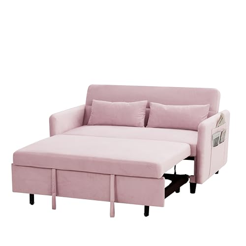 Gray Velvet Convertible Sofa Bed with Pull-Out Bed and Two Pillows F342