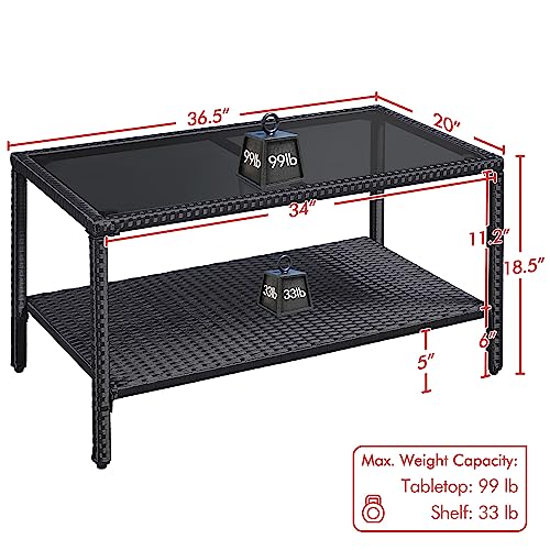 Black Wicker Storage Coffee Table with Tempered Glass Top B9855