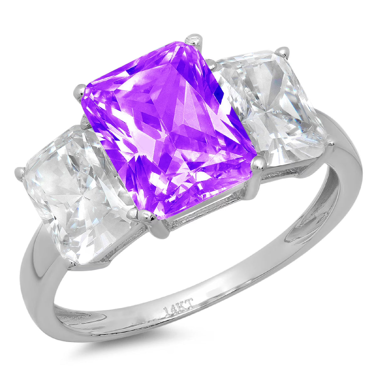 Emerald Cut Purple Amethyst 18k White Gold Three-Stone Ring Y430790