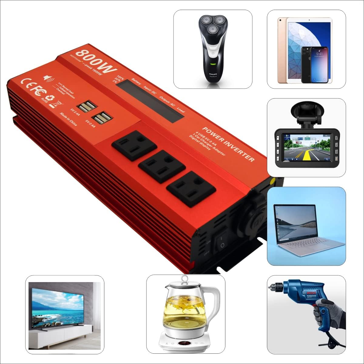 800W Modified Sine Wave Power Inverter, 12V DC to 110V AC, 4 USB Ports C176