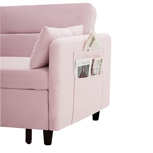 Gray Velvet Convertible Sofa Bed with Pull-Out Bed and Two Pillows F342
