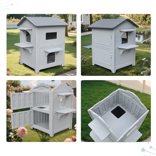 Grey Plastic 2 Story Elevated Cat Shelter with Escape Door M754
