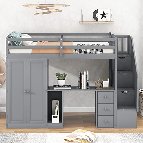 Twin Size Solid Wood Loft Bed with Desk and Stairs J122624