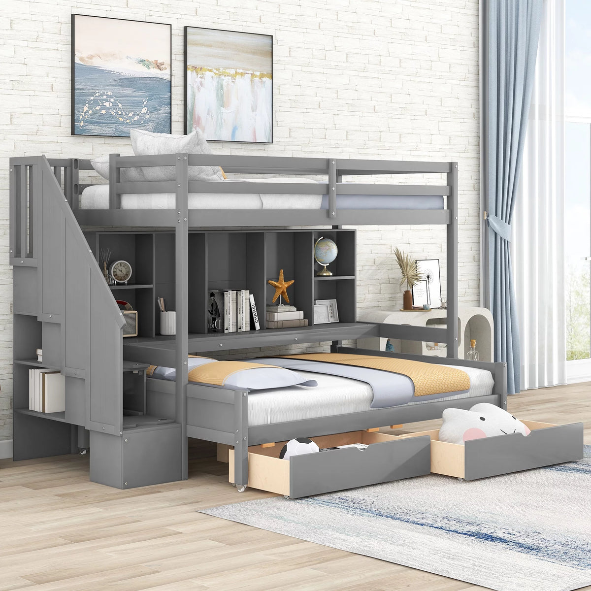 Twin Xl Over Full Bunk Bed with Storage Shelves, Drawers and Staircase, Gray J22460