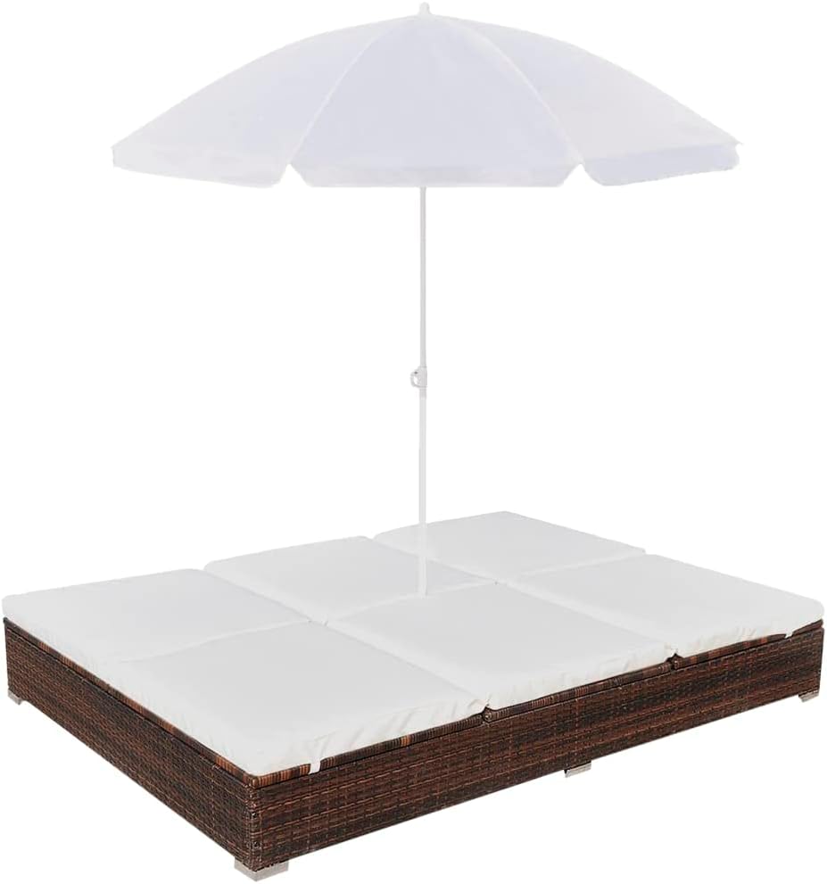 Brown Poly Rattan 2-Person Sun Lounger with Cushion and Umbrella N4031