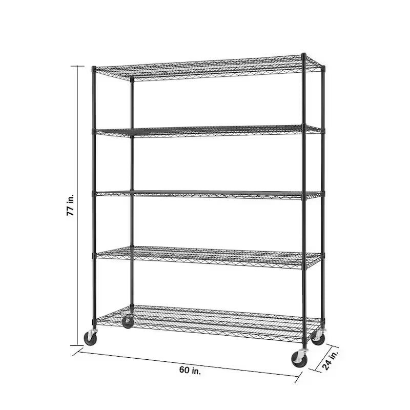 Black 5-Tier Rolling Steel Wire Shelving Unit B2064