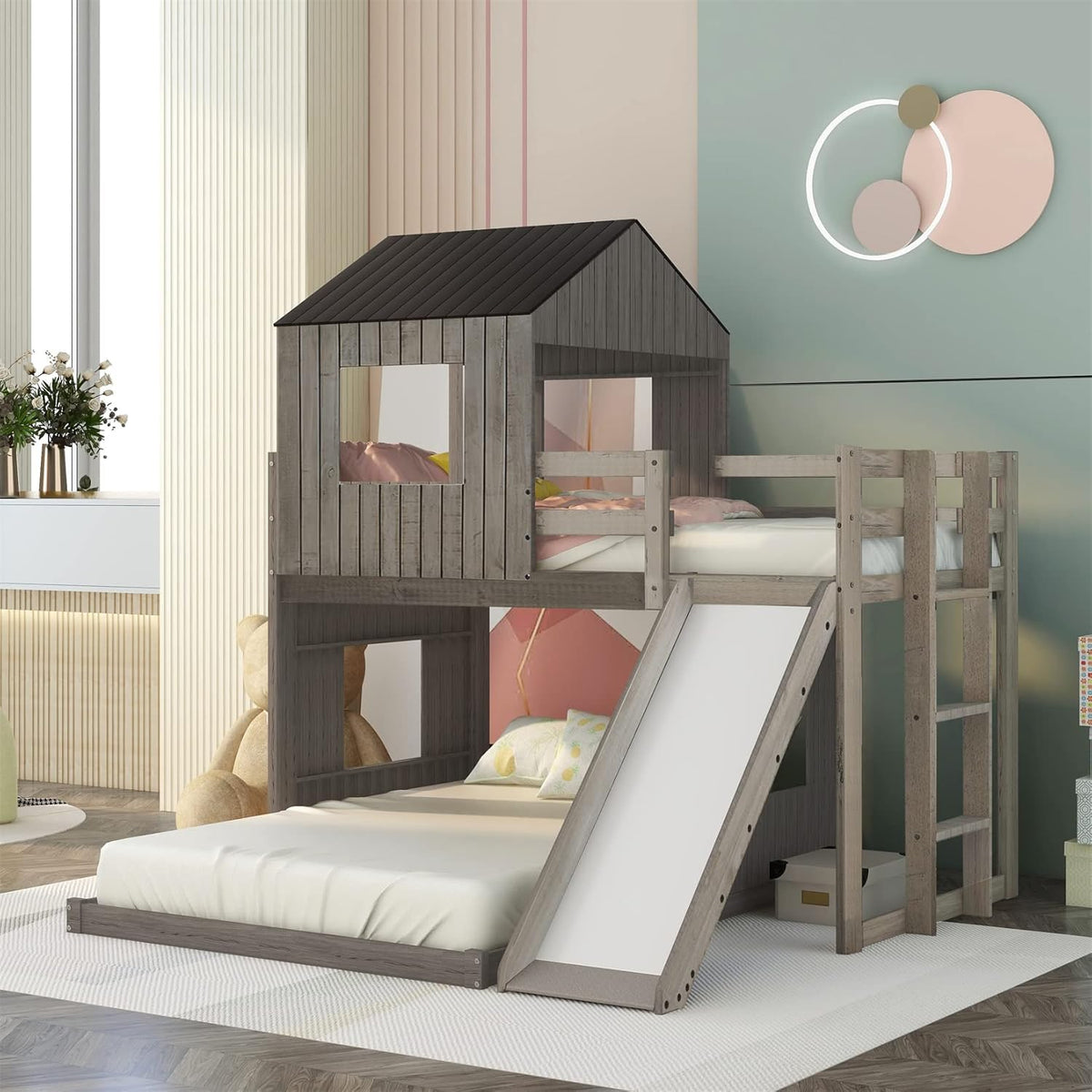 White Twin Over Twin Wood Bunk Bed with Slide and Storage Staircase O739965